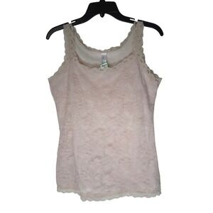 Women Floral Lace Overlay Camisole Tank Top Beige Scoop Neck Large Y2K Romantic